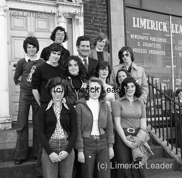 Pat Kennedy with students on front steps of Limerick Leader office 1976